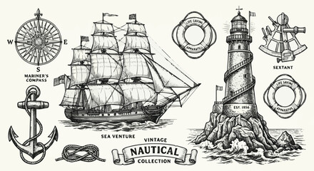Isolated on Vintage nautical engraving set with ship and lighthouse vector art on white background © MdMasud