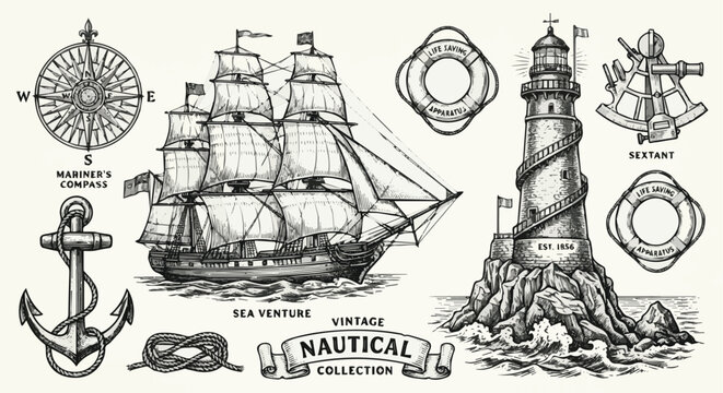 Isolated on Vintage nautical engraving set with ship and lighthouse vector art on white background