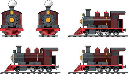 Steam locomotive illustration front and side views, classic train artwork, vintage railway engine design, transportation concept, cartoon style mechanical details ©  Miller