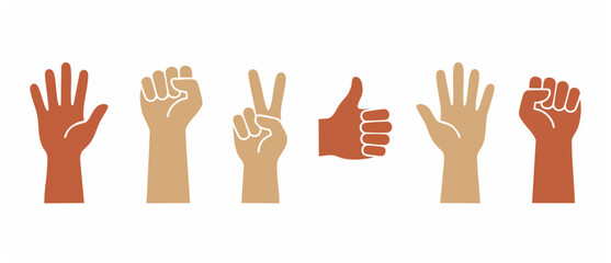 Fototapeta premium Human Hands Set Gesture Icons Showing Different Signs and Communication Signals for Social Media and UI Design Projects, Diverse Skin Tones Collection Showing Approval, Unity, Victory, and Stop Concep