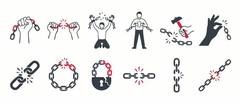 Broken Chain Icon Set, Freedom and Liberation Concept Vector Illustration with Hands Breaking Metal Links, Unchained Prisoner, Business Success, Struggle for Liberty, Isolated Graphic Symbols on White