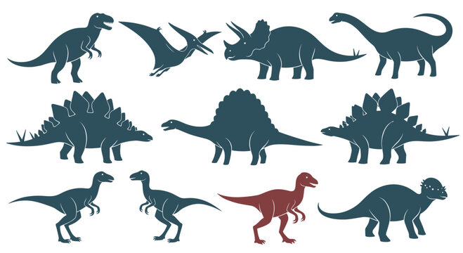 Silhouettes of various dinosaur species including t-rex, triceratops, and stegosaurus for educational purposes.