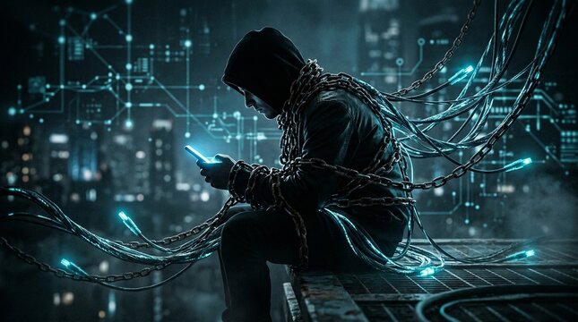 Digital Shackles: A hooded figure, ensnared by glowing digital cables, engrossed in a smart phone, embodies the subtle prison of the modern digital world, against a backdrop of a cyberpunk cityscape.