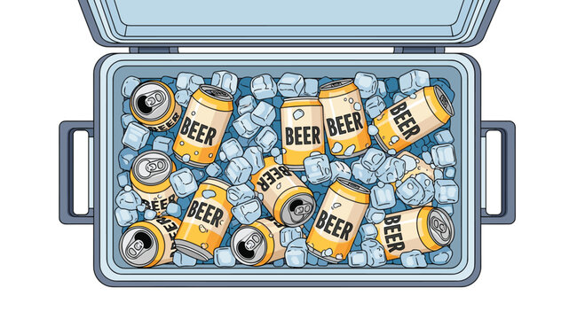 Open blue portable cooler box filled with cold beer cans and sparkling ice cubes for a summer party or picnic.