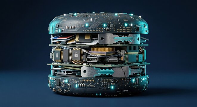 Cyber security burger made of circuit boards and data chips on a dark blue surface for digital compliance and network protection advertising with copy space