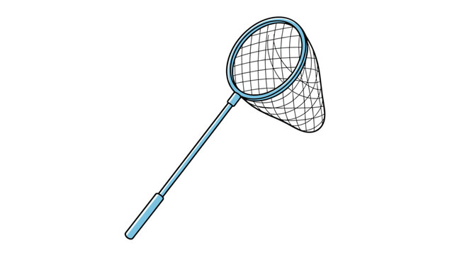Simple insect catching net with a long blue handle and white mesh is shown at an angle on a clean white background for easy viewing.