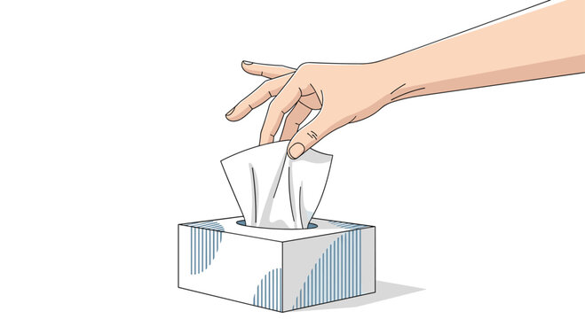 Human hand pulling a soft white tissue from a cardboard paper box for hygiene, health, and daily personal care concepts.