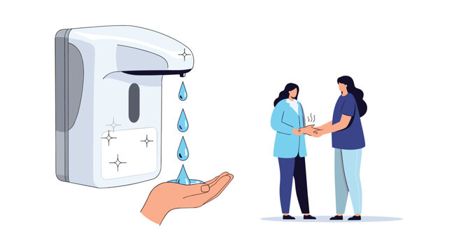 Automatic hand sanitizer dispenser with falling drops and two women interacting for health and public safety.