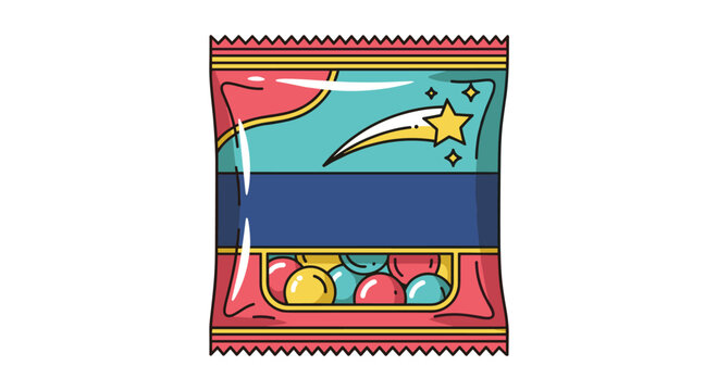 Colorful bag of candy featuring a shooting star design and a window showing assorted round gummy sweets and treats.