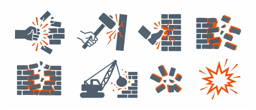 Brick wall demolition icons set, heavy impact destruction symbols, construction breaking elements and wrecking ball vector illustration isolated on white background for industrial site renovation proj
