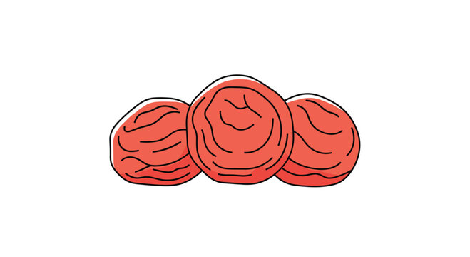 Three red pickled plums known as umeboshi are arranged together in a simple illustration representing a traditional and sour Japanese staple food.