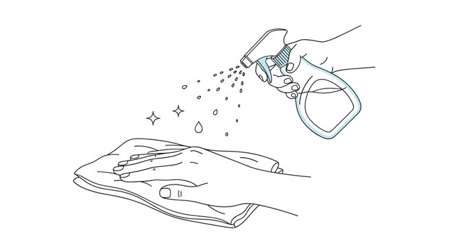 Line drawing showing human hands using a spray bottle to disinfect a cloth or surface emphasizes the importance of hygiene and cleanliness at home.