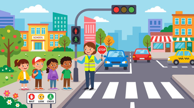 Diverse children crossing street with safety guard