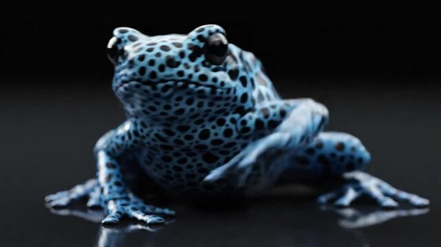 A blue frog with black spots sitting on a reflective surface.
