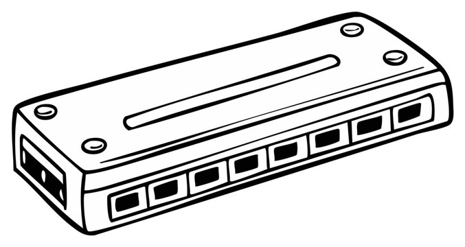 Black and white line art illustration of a classic harmonica musical instrument for blues or folk music