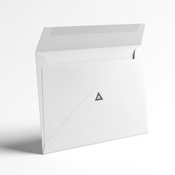 Modern white rectangular box with a triangular logo and cut-out corner