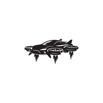 Futuristic flying car silhouette vector white background.