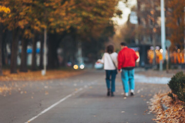 Fototapeta premium As twilight settles, a couple strolls hand in hand down a peaceful street adorned with fallen leaves. The atmosphere is serene, filled with the warmth of their companionship and the beauty of autumn