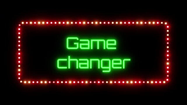 Glowing game changer sign in flashing frame, 3D render. Game changer background, dotted neon frame. Person, idea, product, or event that radically changes the current situation