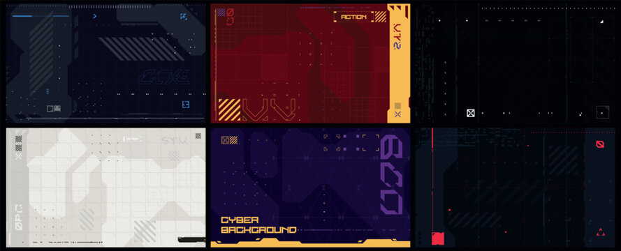 Modern cyberpunk poster set. Futuristic Abstract HUD. Sci fi backgrounds for streaming. Vector Illustration EPS10