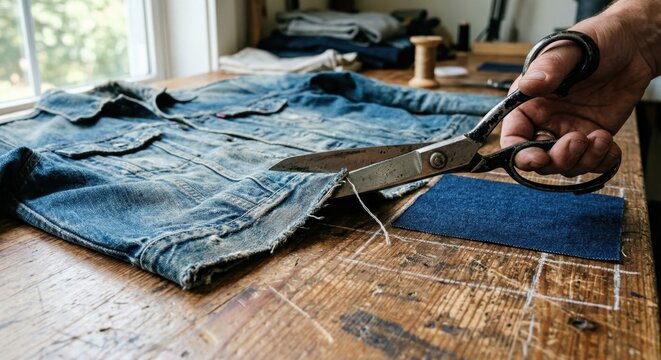 Fabric scissors cutting denim jacket on wooden table close up for upcycling clothing concept, slow fashion diy tailoring and garment repair workshop background