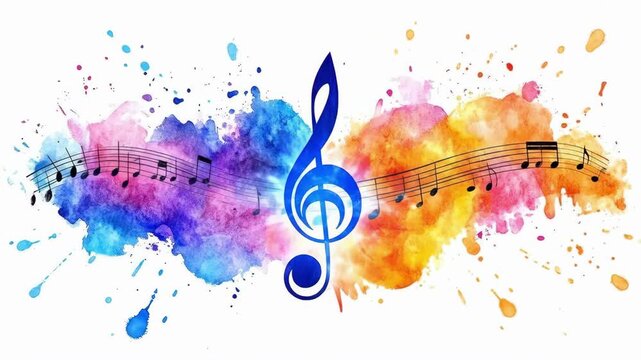 Colorful musical notes on artistic watercolor background with g clef