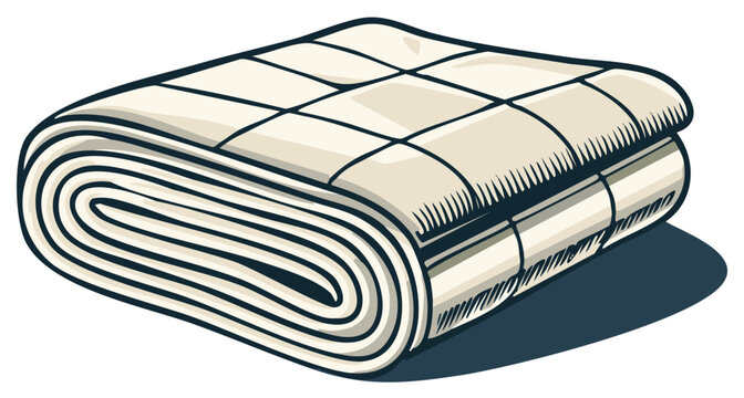 Folded blanket illustration, rolled, stacked, grid pattern design, cozy comfort, warm texture.