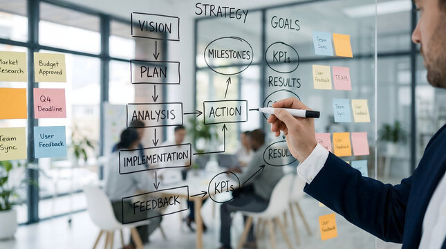 businessman drawing corporate strategy flowchart on glass board in office meeting room with sticky notes showing vision plan analysis implementation action and kpis for success
