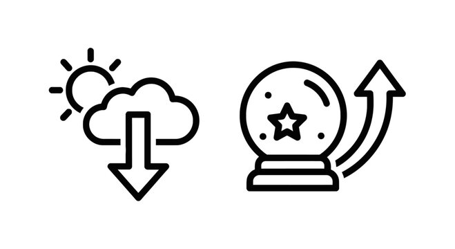 Cloud download icon and crystal ball with upward arrow with white background