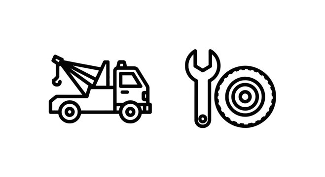 Tow truck and vehicle repair line icons representing roadside assistance and automobile service with flat tire with black and white with spare parts