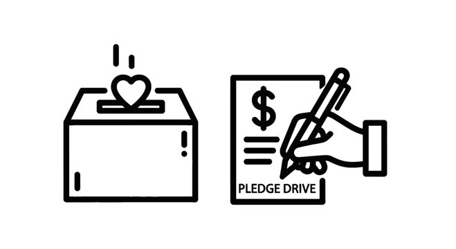 Donation box with heart and hand writing on pledge drive document icons for charitable giving with non profit with black and white with social work