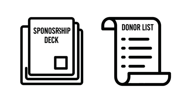 Sponsorship deck documents and donor list scroll icons for fundraising and charitable organization with non profit with black and white