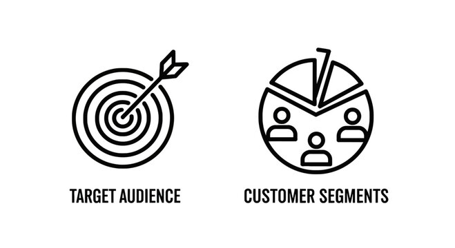 Target audience bullseye and customer segments pie chart business marketing icons