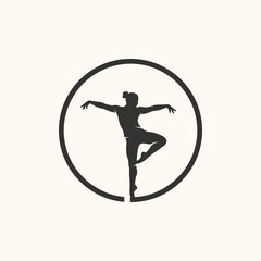 Black graceful dancer silhouette in ballet pose within a minimalist circular frame design © Dijee Art