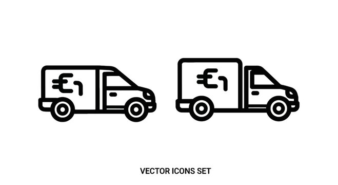 Electric delivery truck line icons representing green logistics and eco-friendly commercial transportation for sustainable shipping services with e mobility