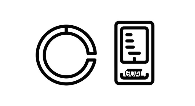 Success and achievement icon set with circular progress tracker and mobile smartphone displaying finished goal accomplishment message on screen with line art