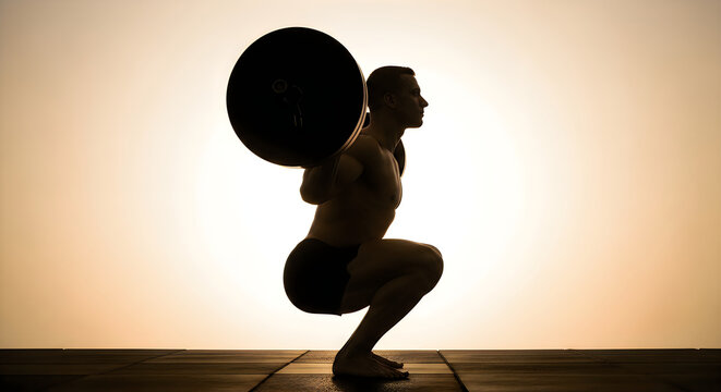 Man silhouette performing barbell back squat against warm sunset sky