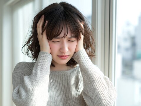 窓際で頭を抱えて悩み苦しみ悲鳴をあげたくなるようなストレスを感じている若い女性の肖像
