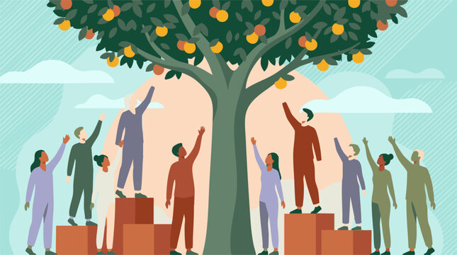 Diverse people reaching for fruit, illustrating social equity and opportunity
