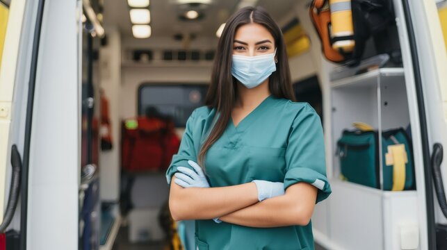 Medical professional wearing face mask standing by ambulance
