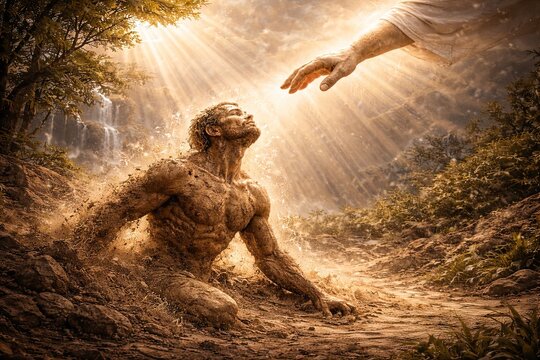 The hand of God touches a man formed from earth amid sunlight in a forest near a waterfall &mdash; a biblical scene of the creation of Adam in the style of classical painting