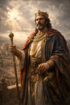 King Solomon in a golden crown and luxurious robes with a scepter stands above an ancient city against a radiant sky &mdash; a majestic portrait of a biblical king in the style of classical painting