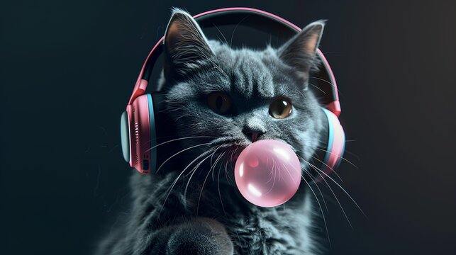 gray cat blowing bubble gum and wearing headphones, hyper-realistic