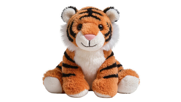 Orange striped plush tiger toy sitting with paws