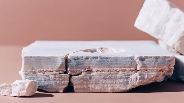 Natural sedimentary rock podium with flat top surface for luxury product display mockup in a sophisticated studio setting with rose brown background and copy space