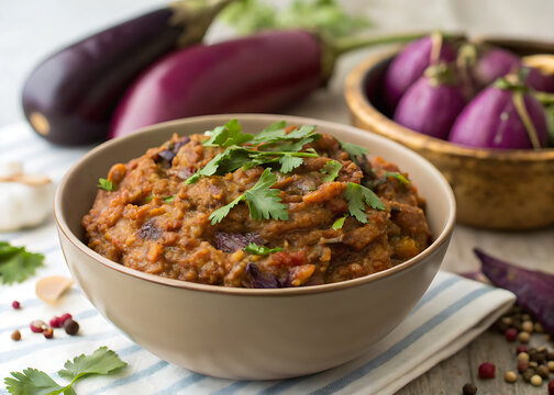 Baingan bharta mashed eggplant, isolated bowl