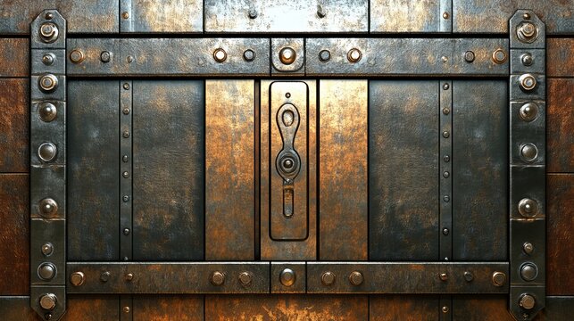 A close-up of a rustic metal chest with intricate rivets and a central lock. It has a weathered patina