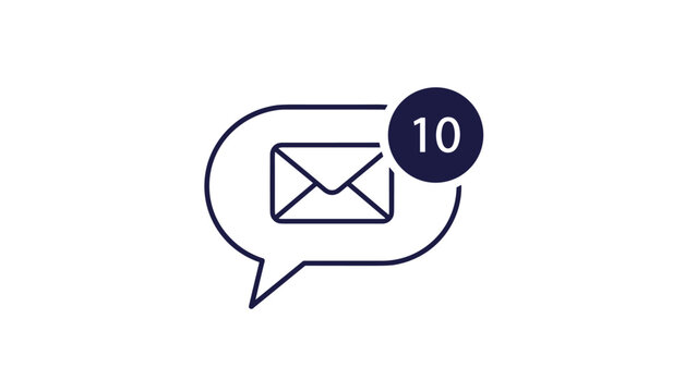 Dark blue speech bubble icon with an envelope inside and a notification badge showing the number "10," representing new messages or emails.
