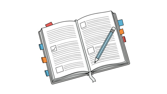 Open planner or notebook with tabbed pages, filled with text and check boxes, with a pencil, representing planning, tasks, or study.