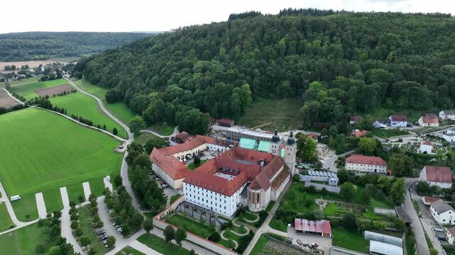 Aerial view Plankstetten with Benedictine Abbey, Plankstetten, Berching, Bavaria, Germany,